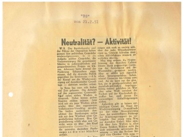 Ausschnitt der BS-Zeitung vom 21. Februar 2951 mit dem Titel „Neutralität? – Aktivität!“ von Willy Brandt.